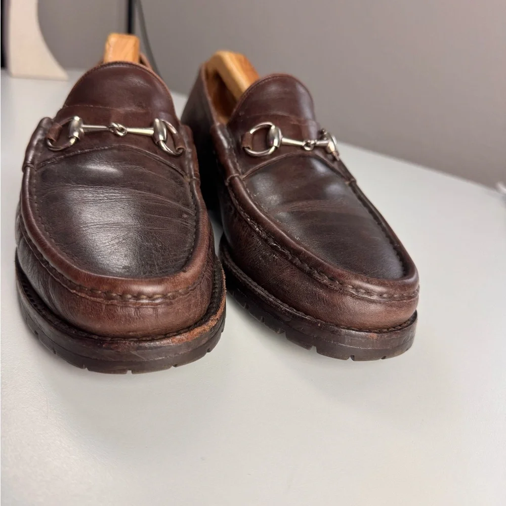 Gucci Horsebit Men's Brown Leather Silver Tone Metal Loafers Shoes 10.5